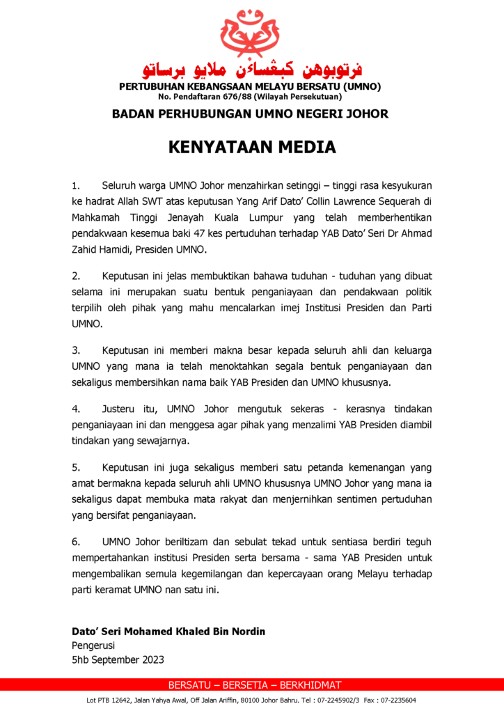 Kenyataan Media Umno Johor - 5 September 2023